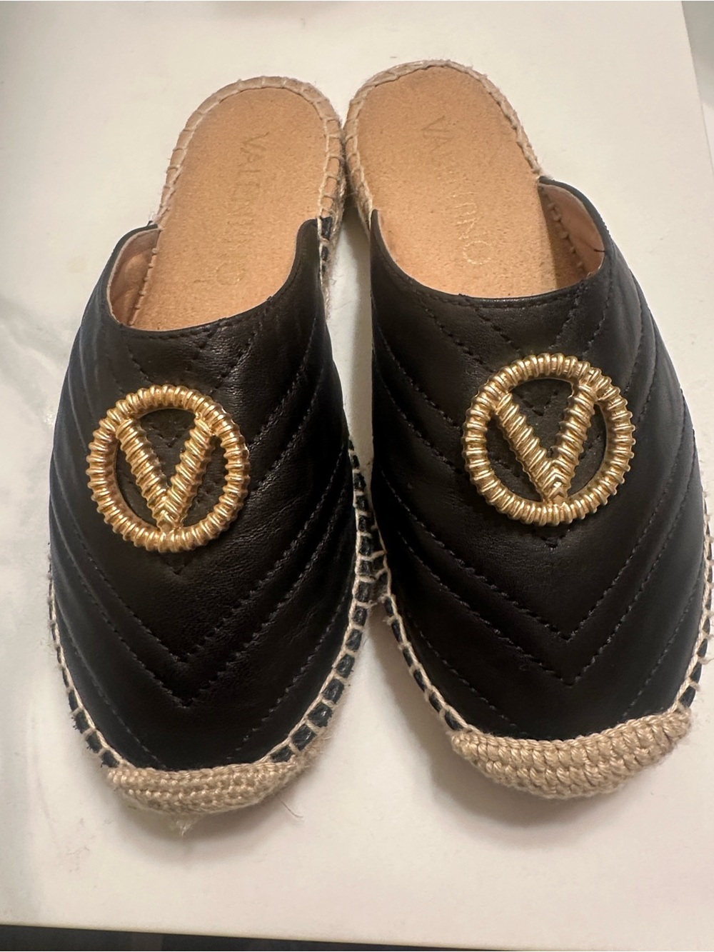Valentino By Mario Valentino Black Espadrille Mules with Gold Logo